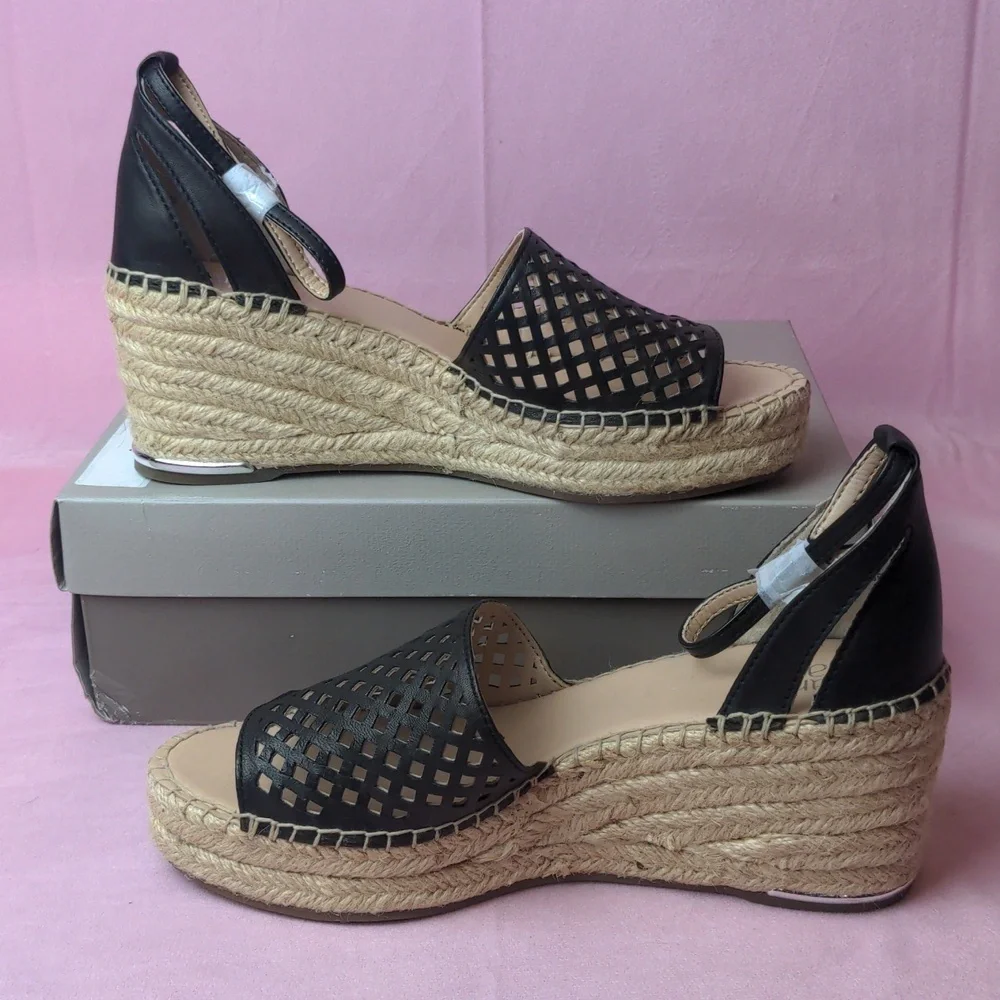 Franco Sarto Leather Black Calabria Wedge Sandals size 10